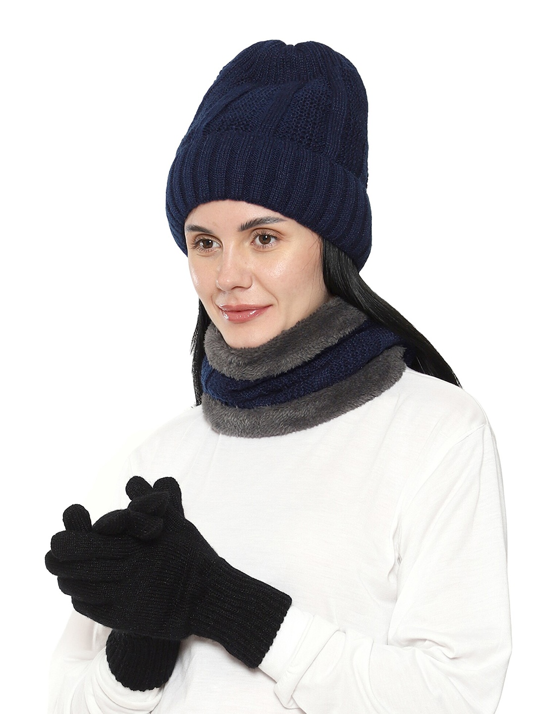 

Gajraj Unisex Blue Acrylic Beanie, Neck Warmer Scarf and Gloves Set (3 Piece)