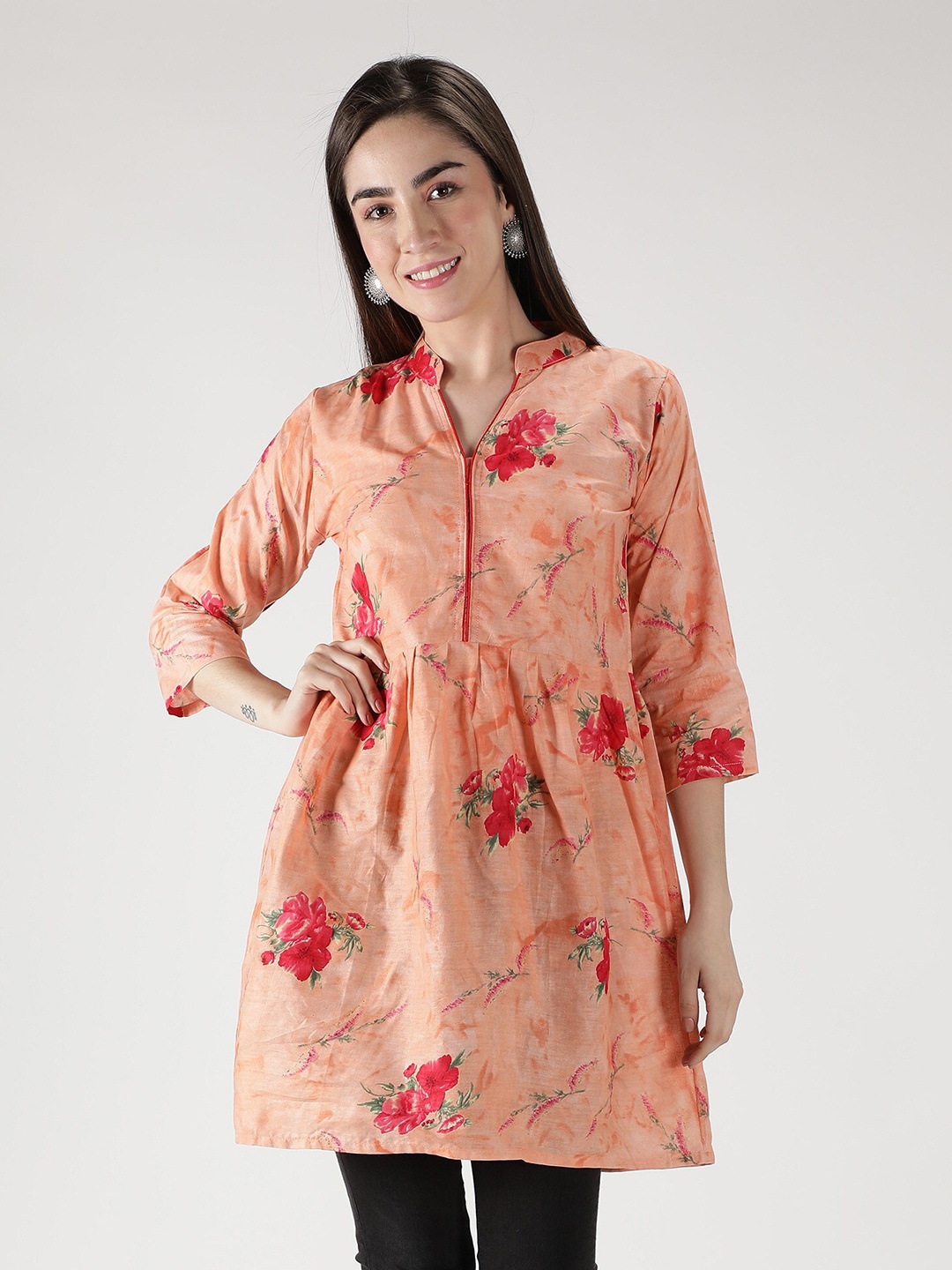 

Fabclub Pink Floral Printed Pure Cotton Pleated Kurti