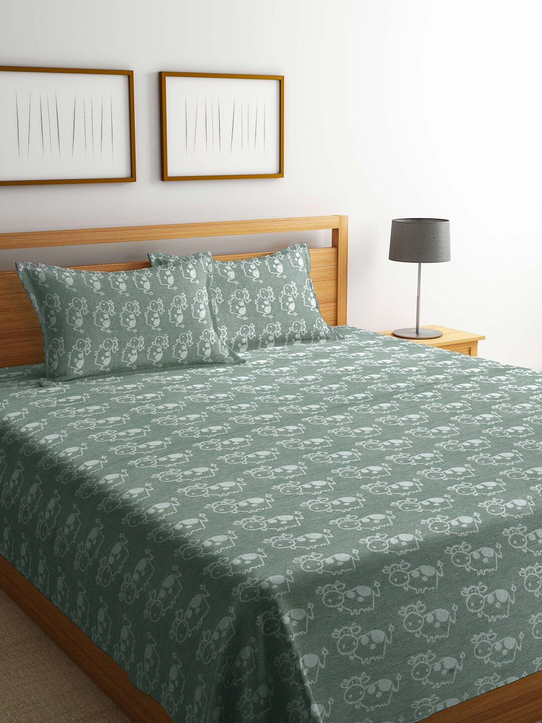 

KLOTTHE Woven Design 349 TC Pure Cotton Bed Covers With 2 Pillow Covers, Green