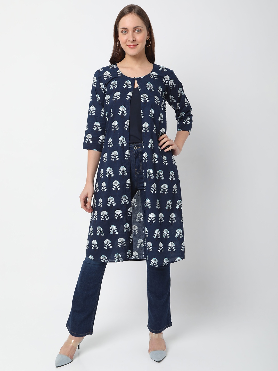 

Smarty Pants Women Blue & Off White Printed Longline Shrug