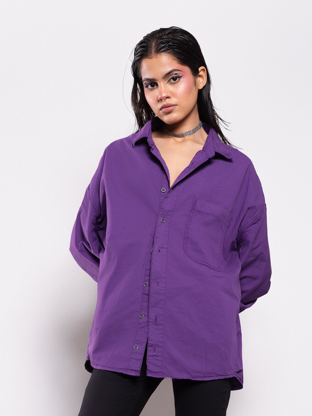 

FREAKINS Women Purple Pure Cotton Boxy Casual Shirt