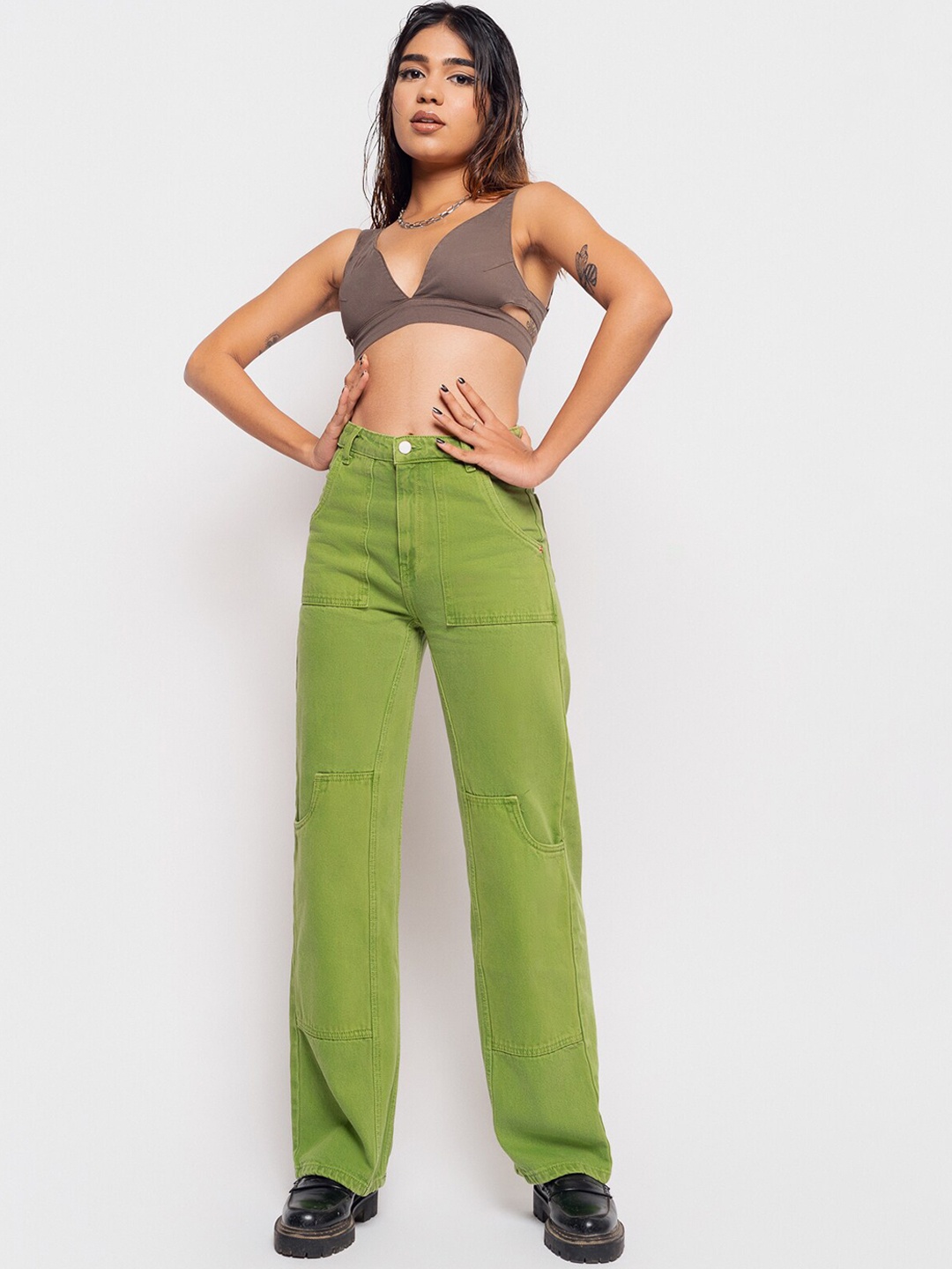 

FREAKINS Women Green Solid Straight Fit High-Rise Jeans