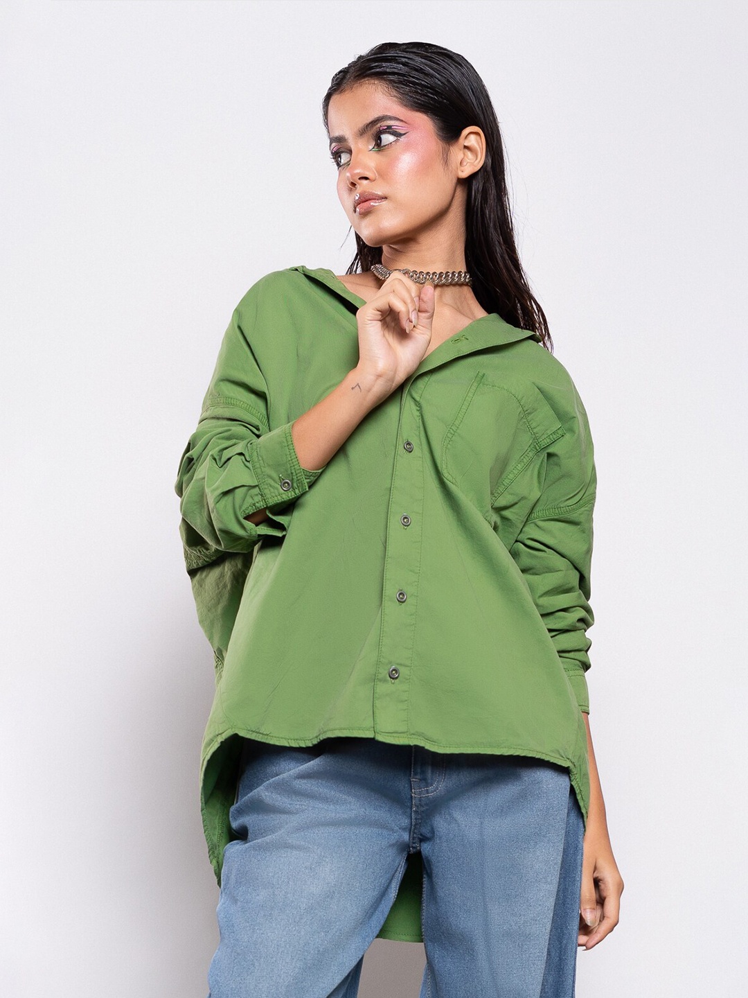 

FREAKINS Women Green Pure Cotton Boxy Casual Shirt