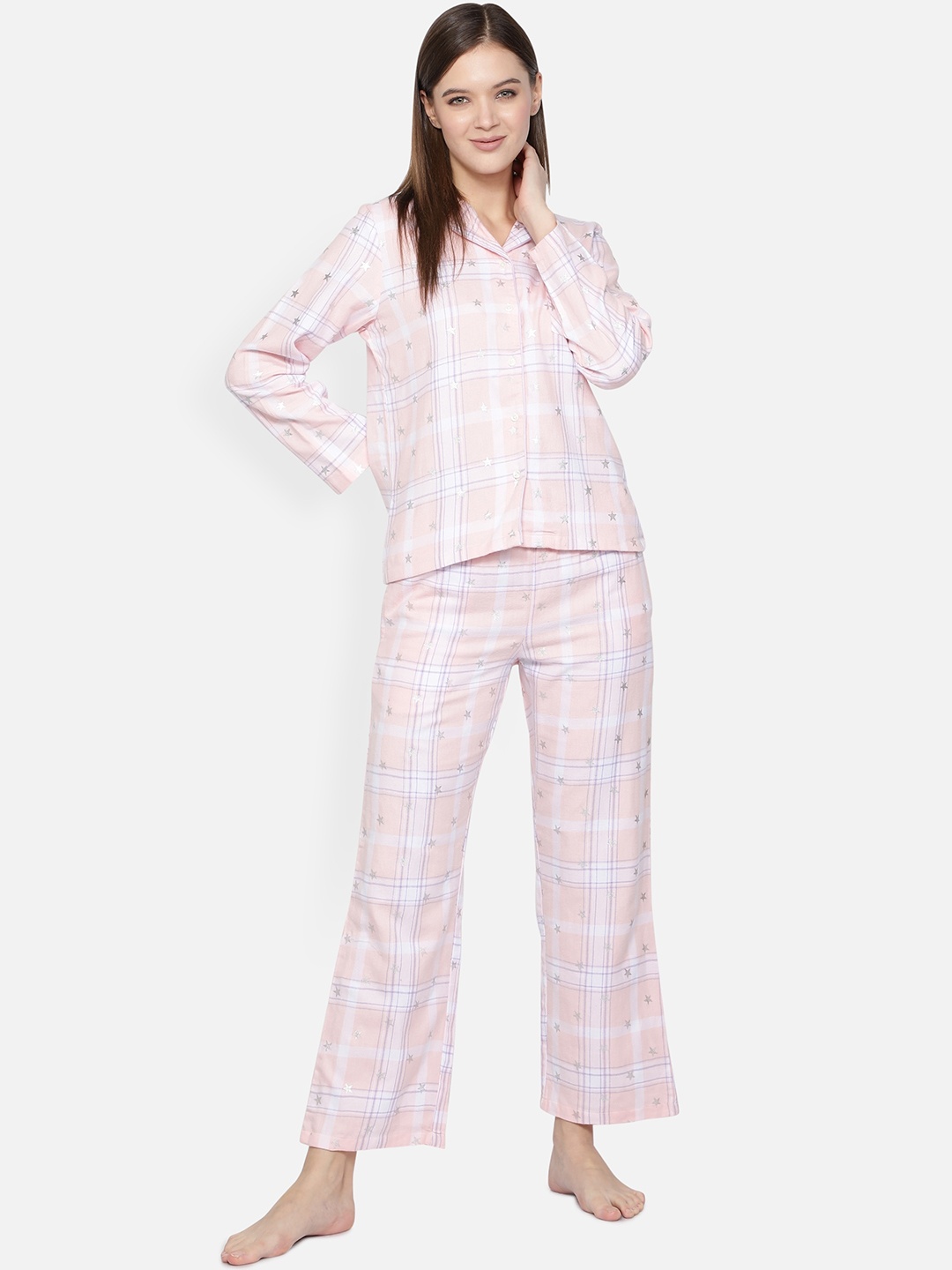 

BStories Women Pink & White Checked Night suit