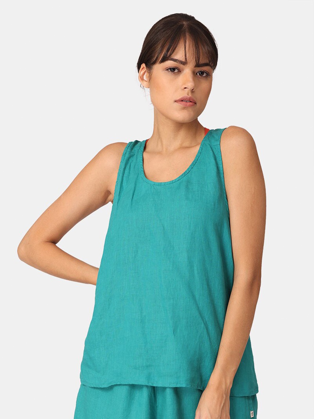 

Proyog Turquoise Blue Solid Linen Tank Top