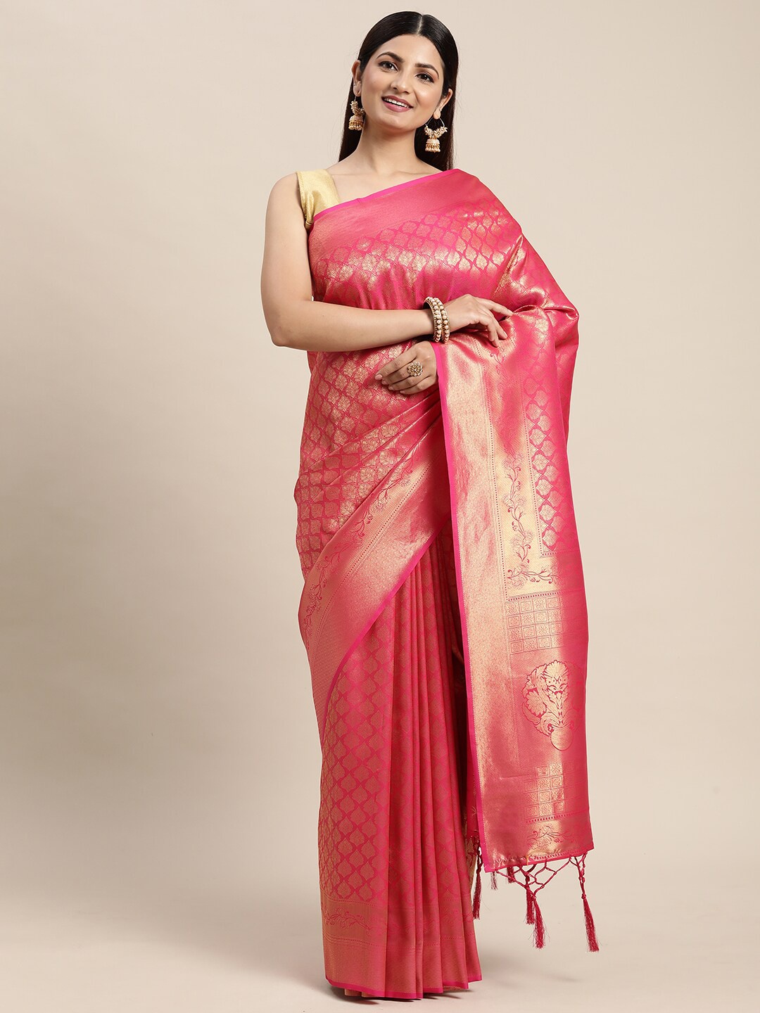 

KAITHY CREATION Pink & Gold-Toned Floral Zari Pure Silk Banarasi Saree