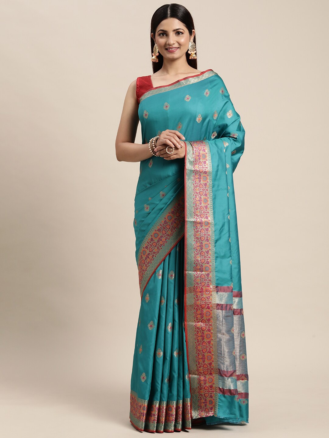 

KAITHY CREATION Blue & Red Ethnic Motifs Zari Pure Silk Banarasi Saree