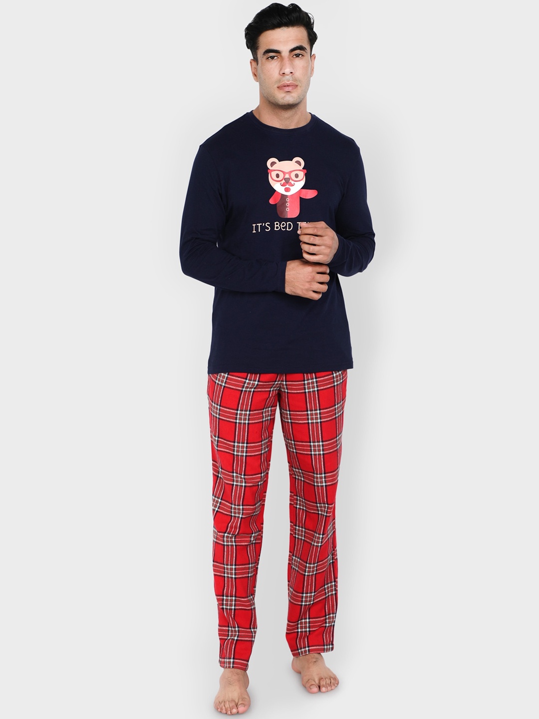 

BStories Men Navy Blue & Red Printed Night suit