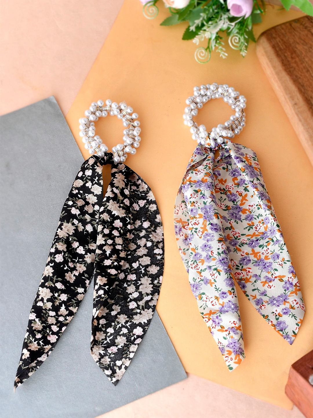

Silvermerc Designs Women Set of 2 Black & White Beaded Printed Ponytail Holders