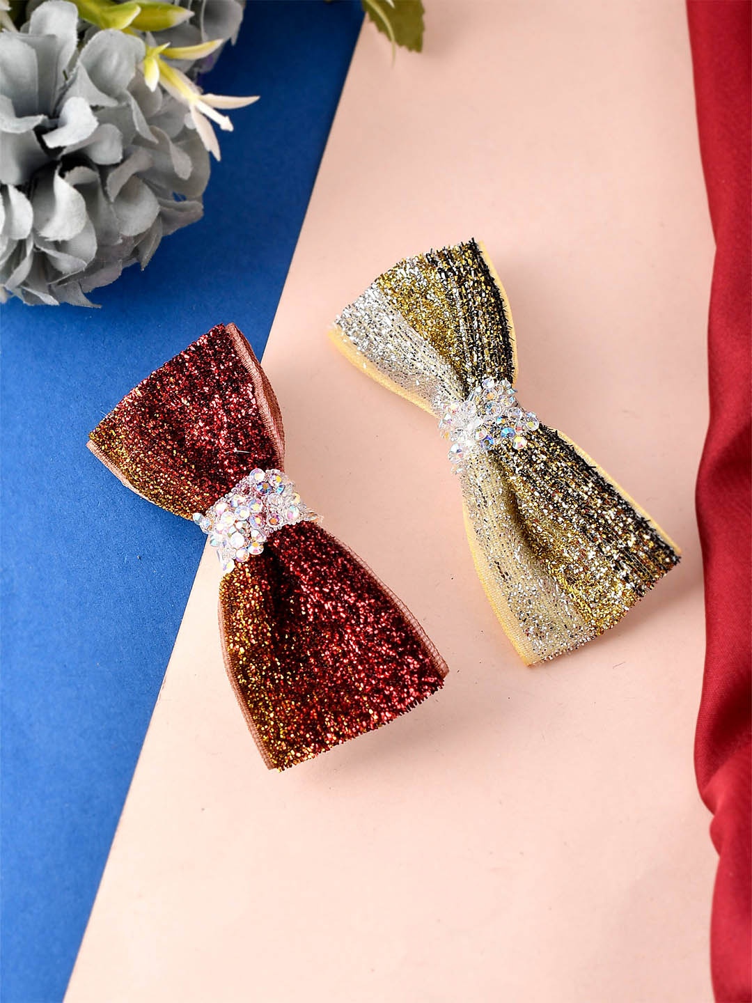 

Silvermerc Designs Women Set of 2 Maroon & Gold-Toned Embellished French Barrette