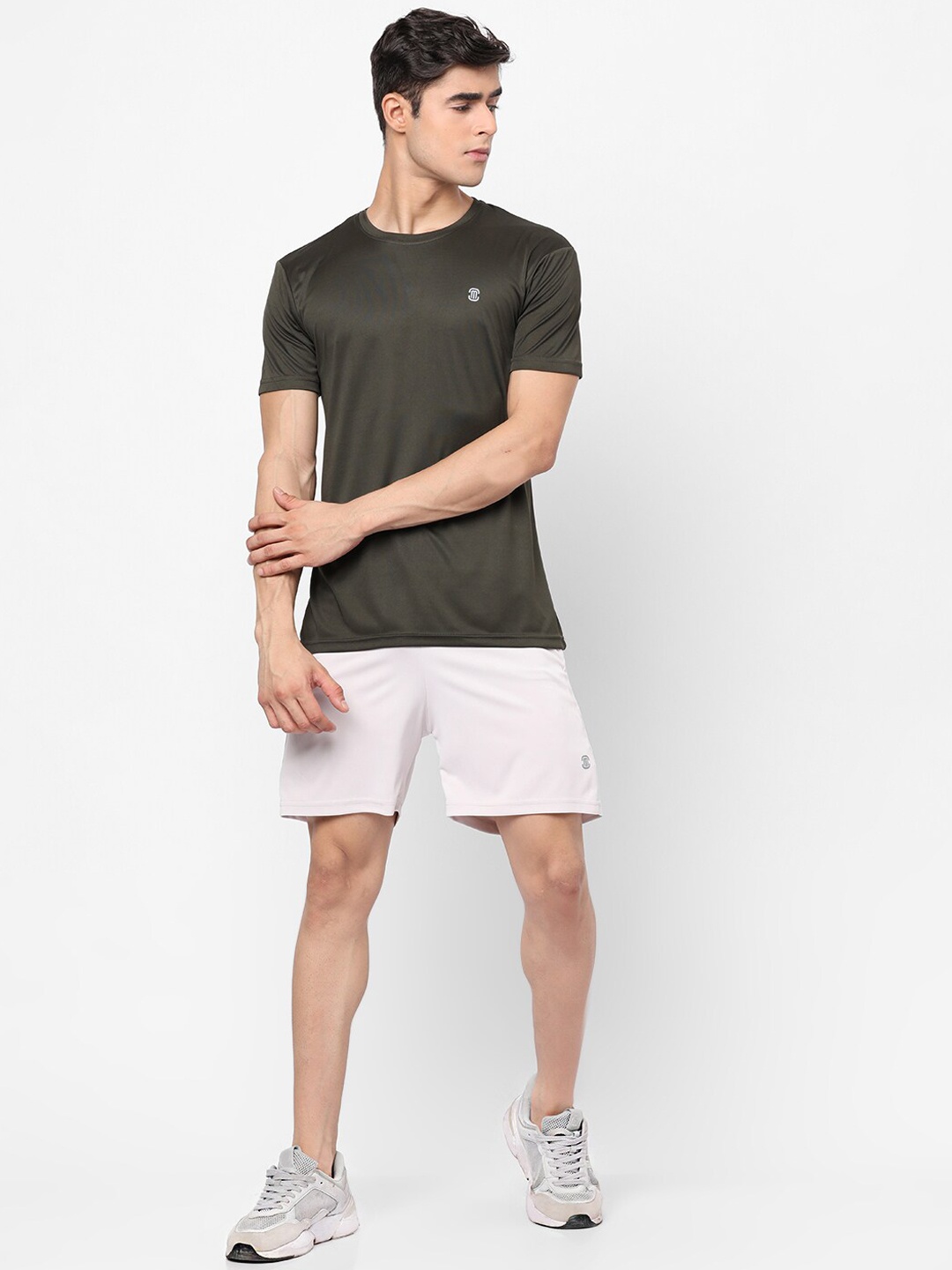

MOZAFIA Men Olive Green & White T-shirt with Shorts Set