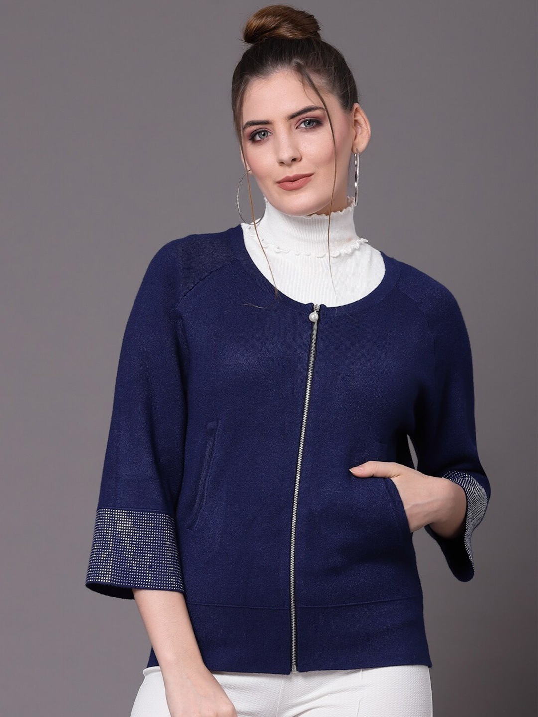 

Mafadeny Women Navy Blue Solid Cardigan with Embellished Detail