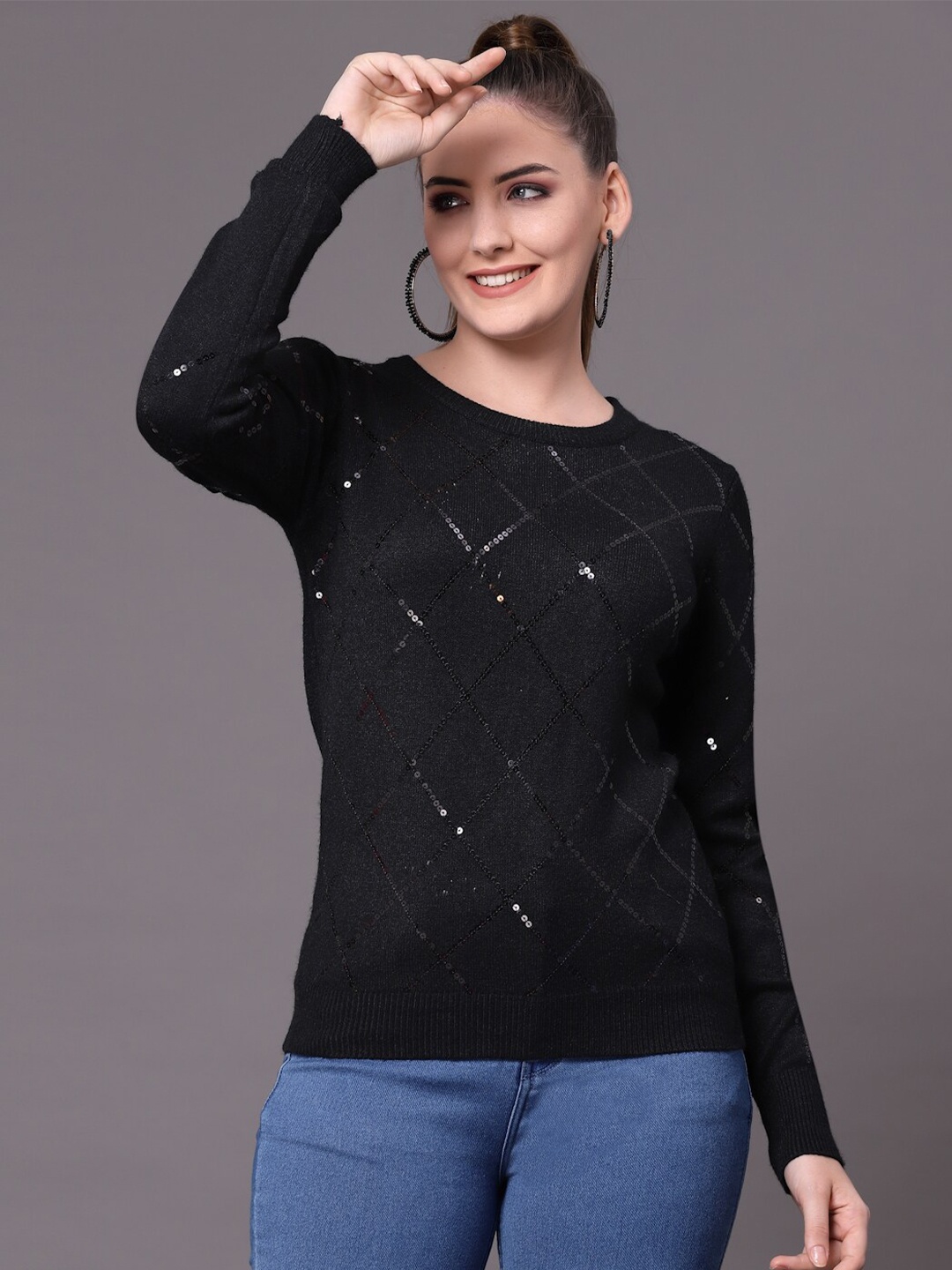 

Mafadeny Women Black Embroidered Pullover with Embellished Detail
