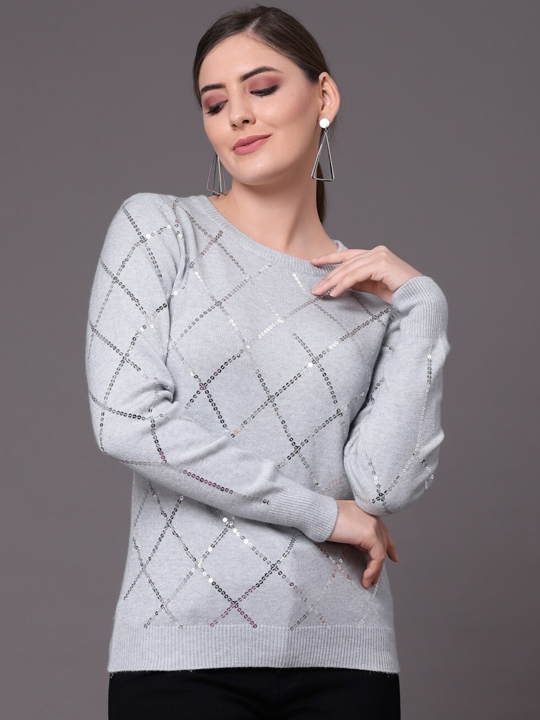

Mafadeny Women Grey Pullover with Embellished Detail