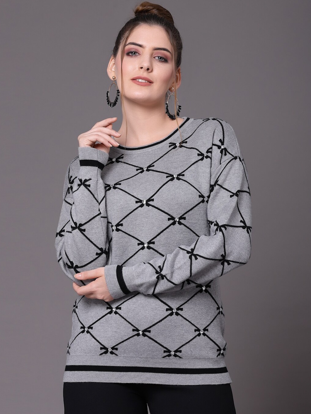 

Mafadeny Women Grey & Black Checked Pullover with Embellished Detail