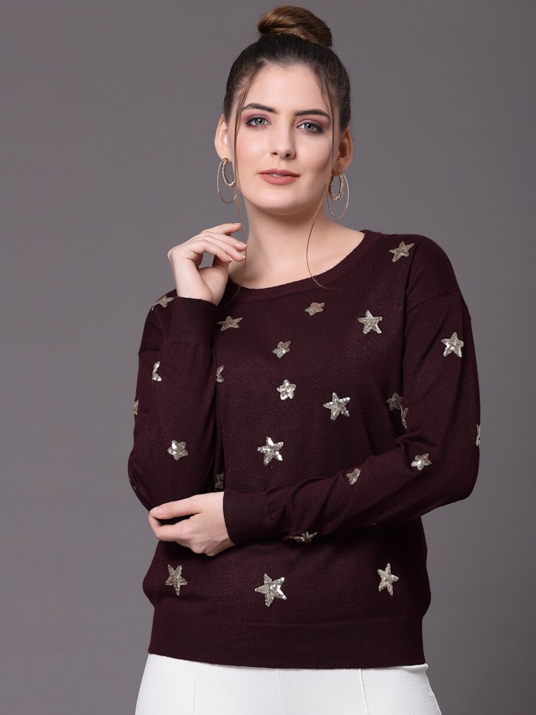 

Mafadeny Women Maroon Pullover with Embellished Detail
