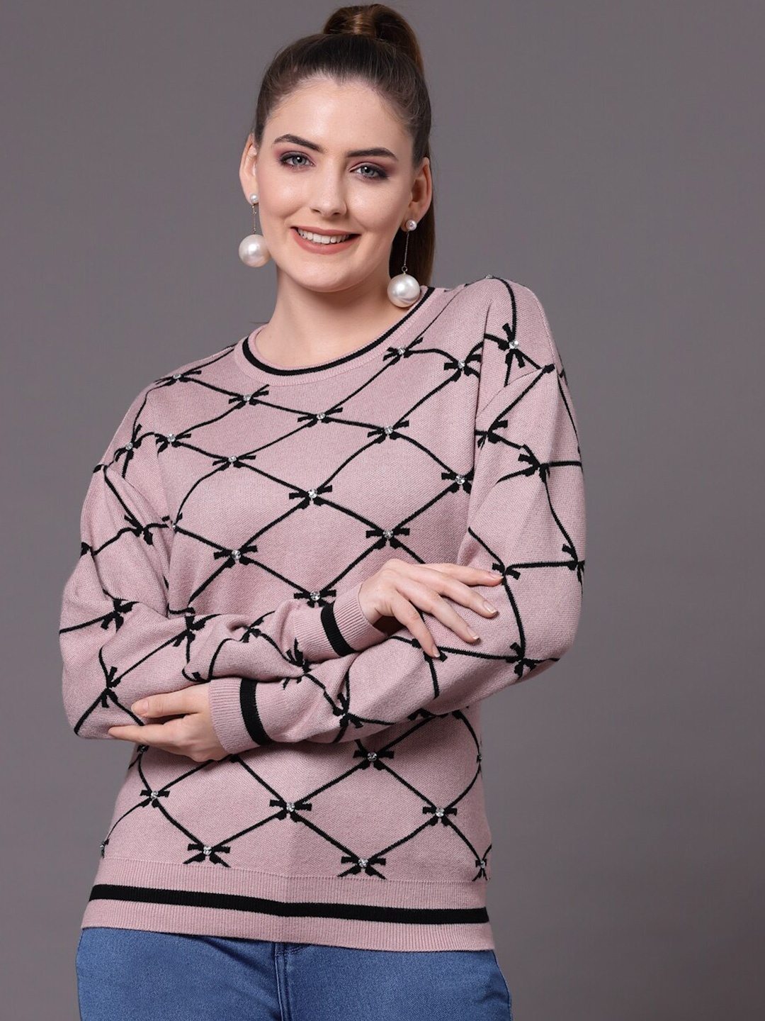 

Mafadeny Women Peach-Coloured & Black Checked Pullover With Embellished Detail