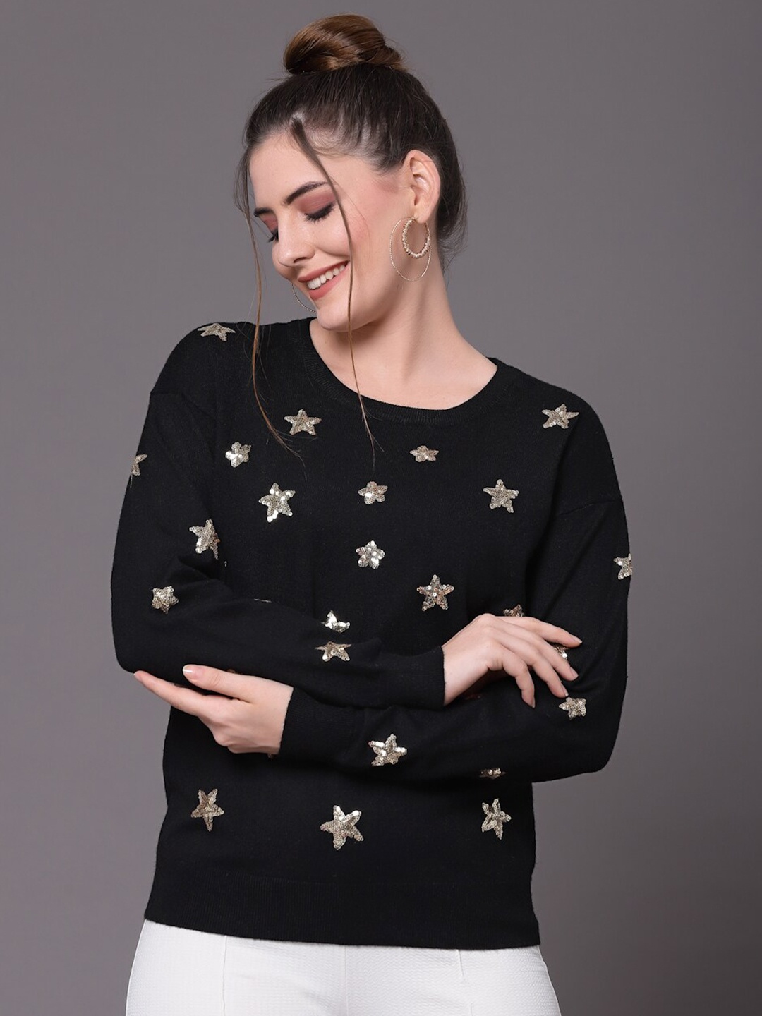 

Mafadeny Women Black & Gold-Toned Pullover With Embellished Detail