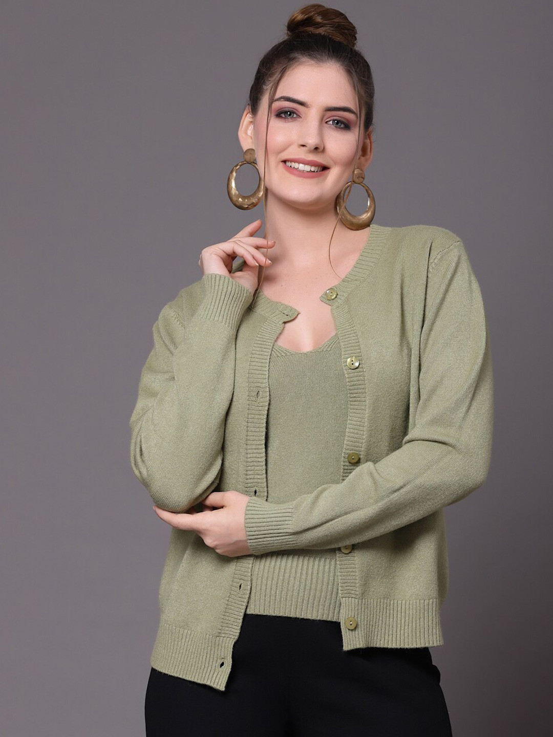 

Mafadeny Women Green Cardigan With Slip