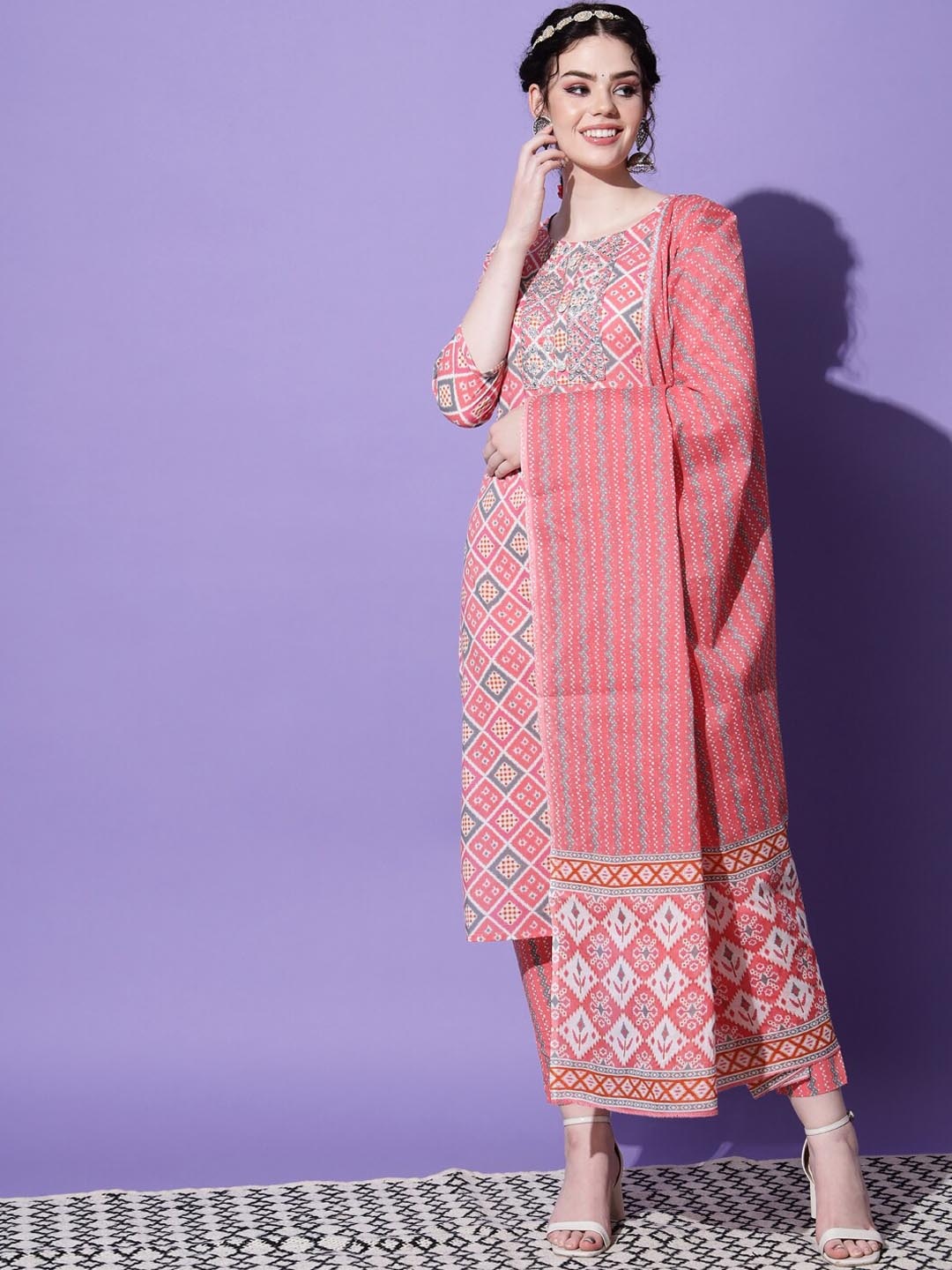 

Sitaram Designer Women Pink Printed Pure Cotton Kurta with Trousers & Dupatta
