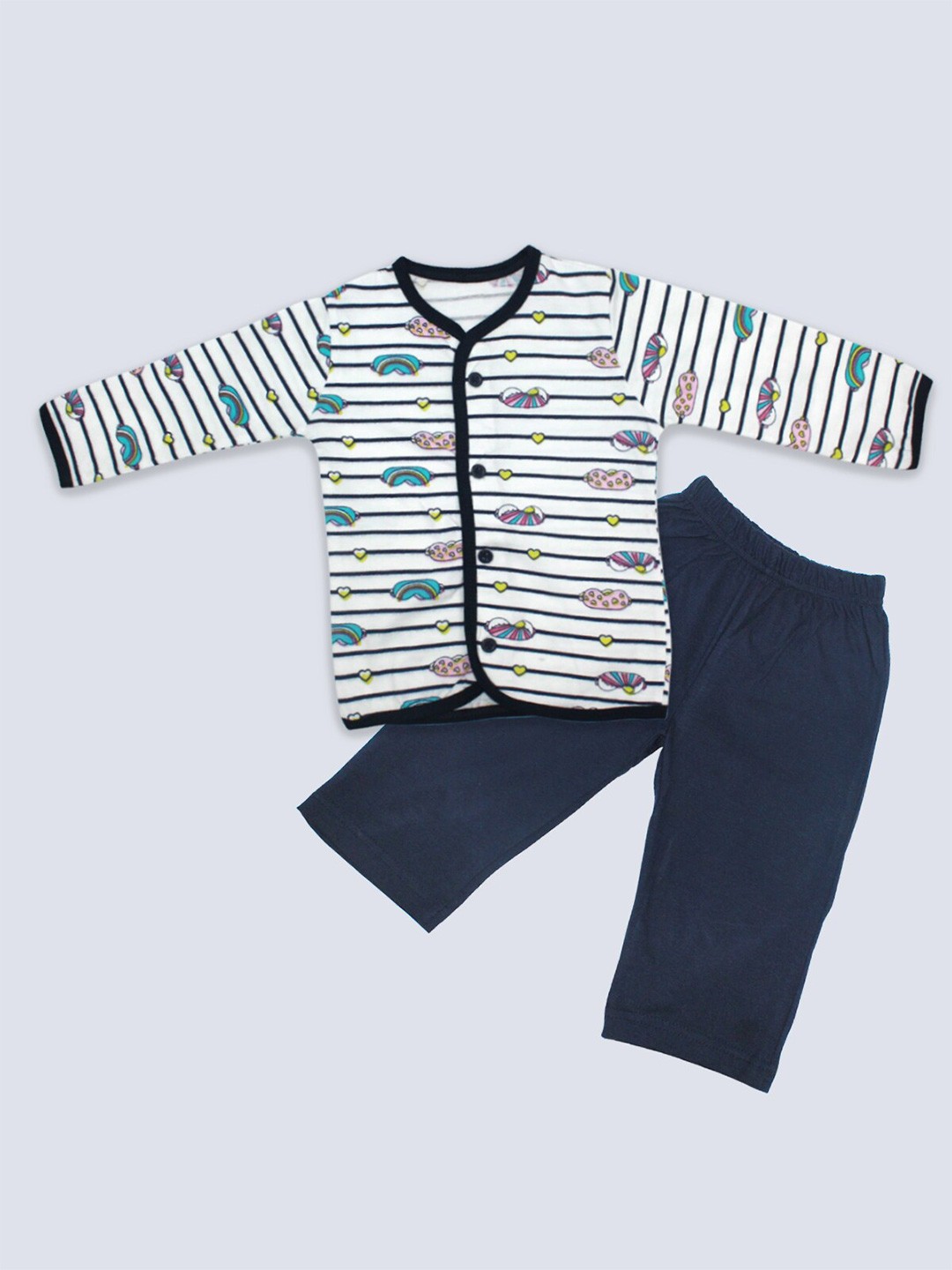 

Born Babies Kids White & Navy Blue Printed Cotton Blend T-shirt with Trousers Set