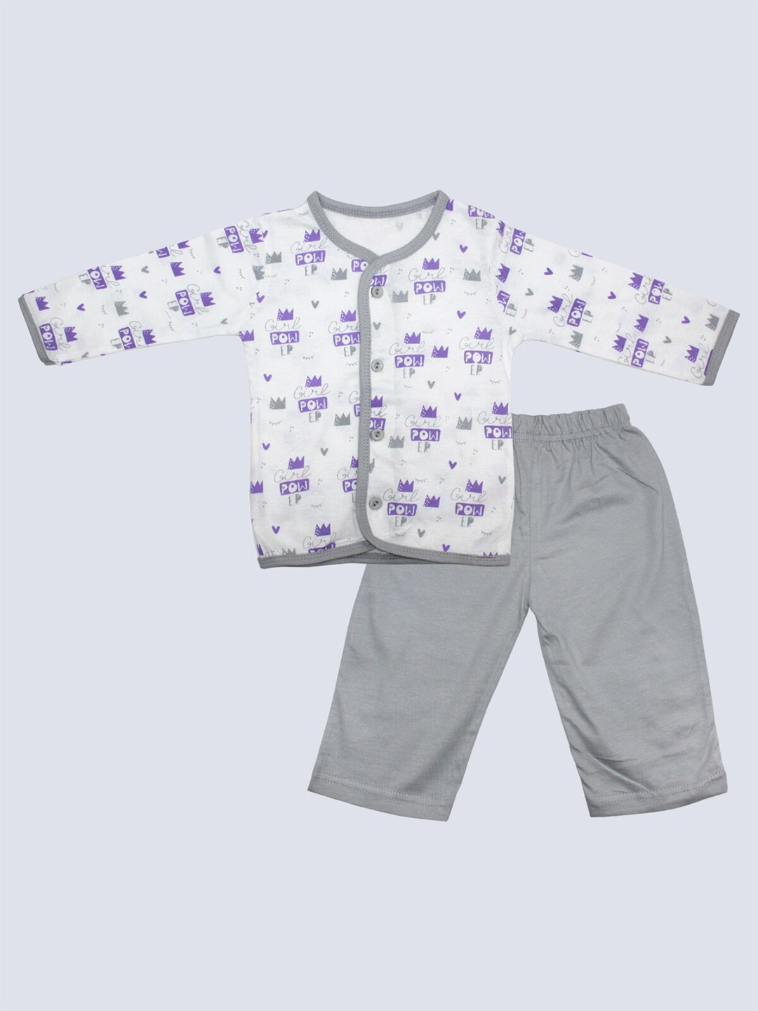 

Born Babies Unisex Kids White & Grey Printed Cotton Blend T-shirt with Trousers Set