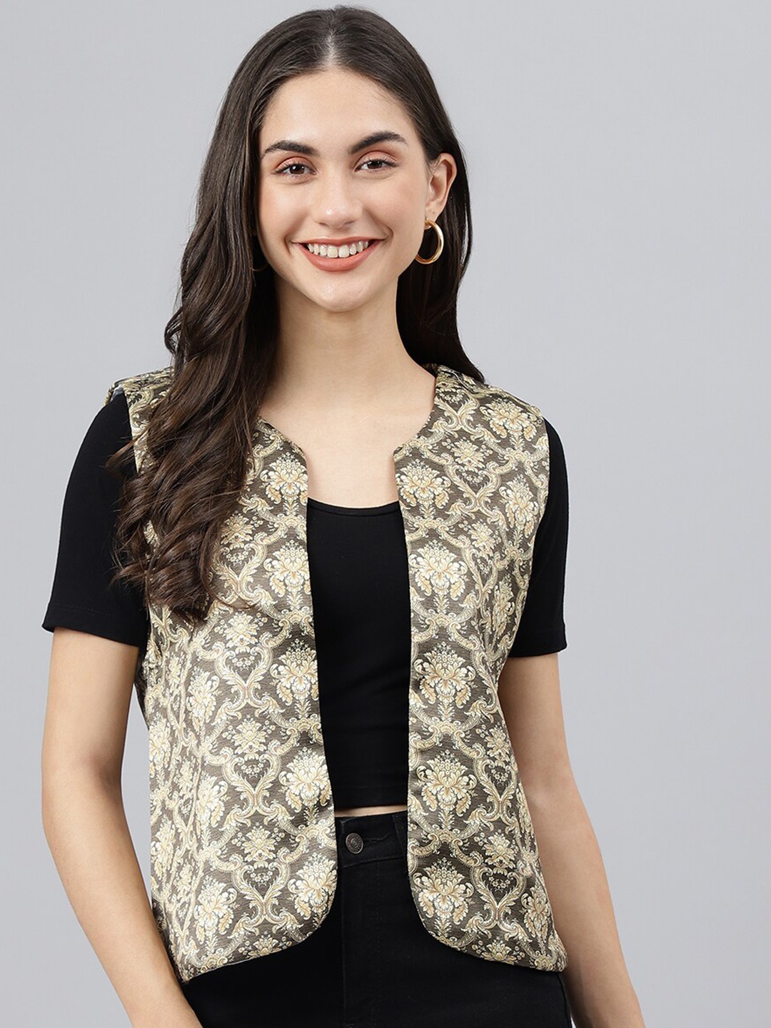

Hangup Women Olive Green & Cream Floral Lightweight Open Front Jacket