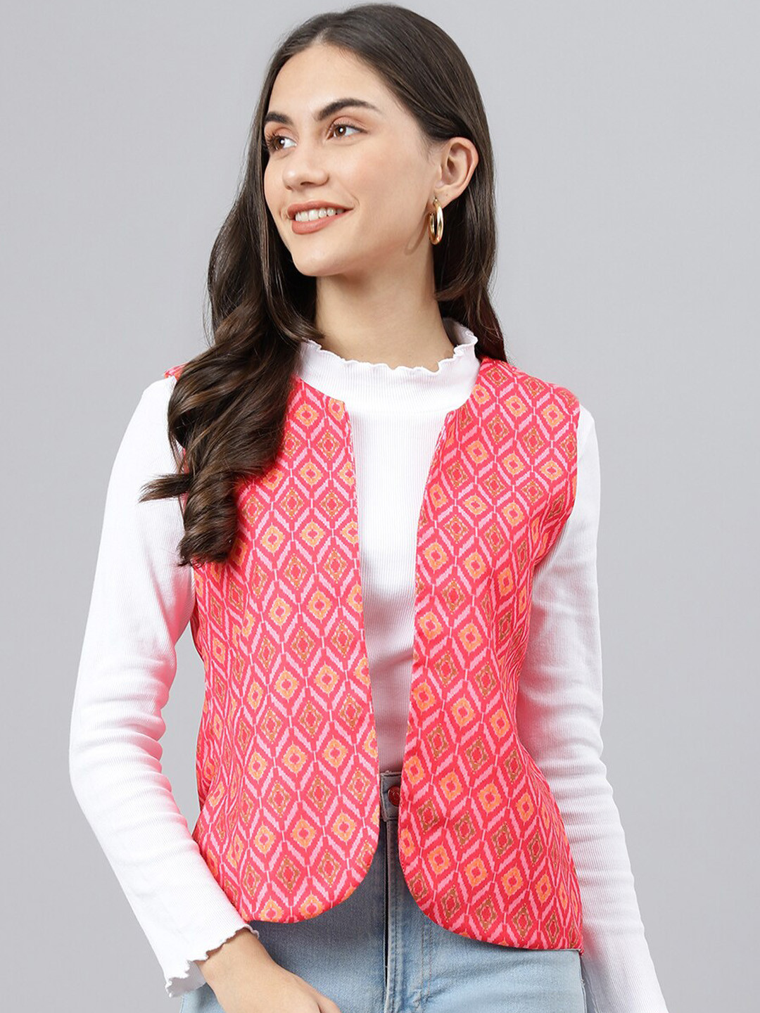

Hangup Women Pink Geometric Lightweight Open Front Jacket
