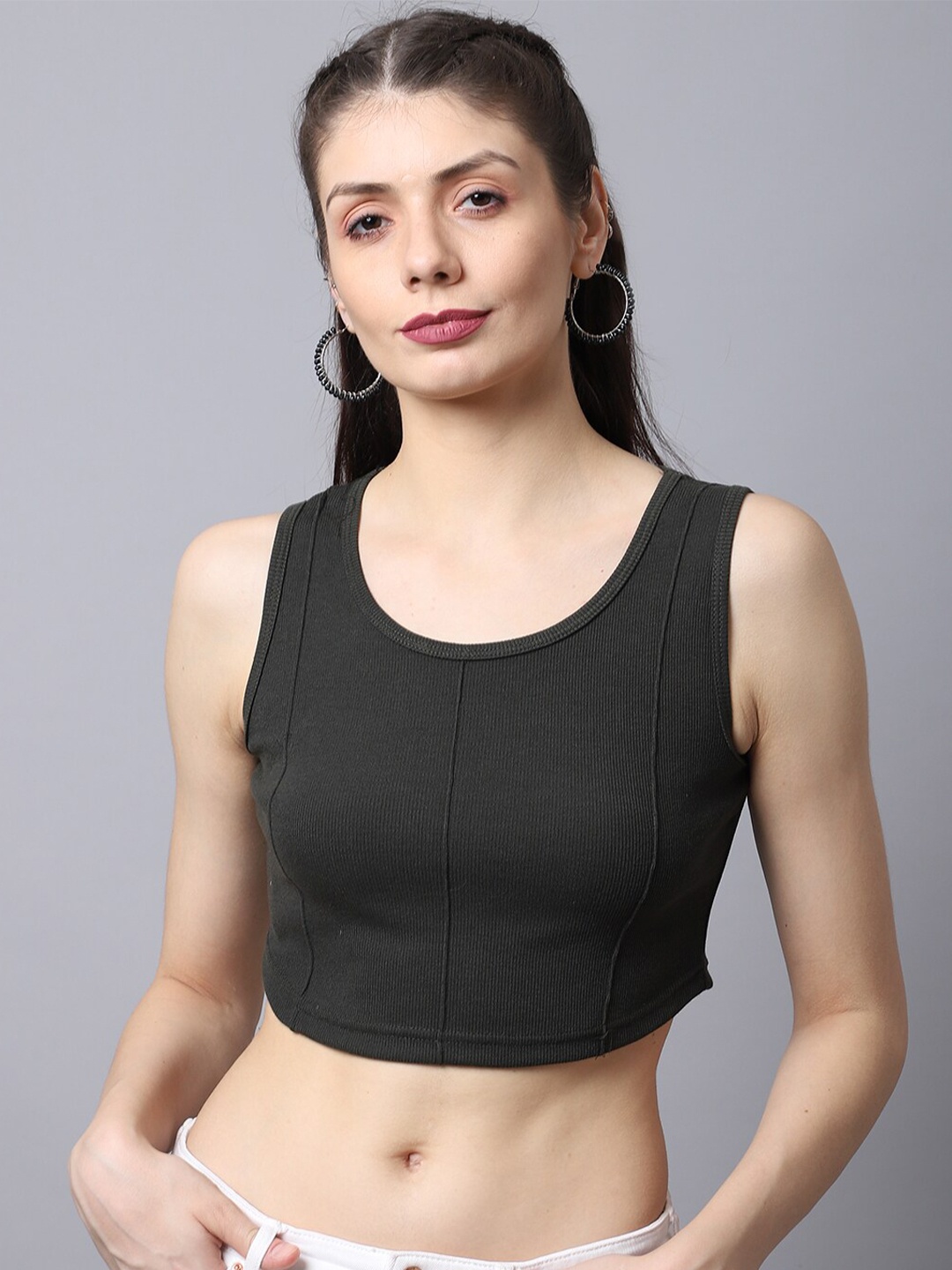 

River Of Design Jeans Olive Green Solid Pure cotton Crop Top