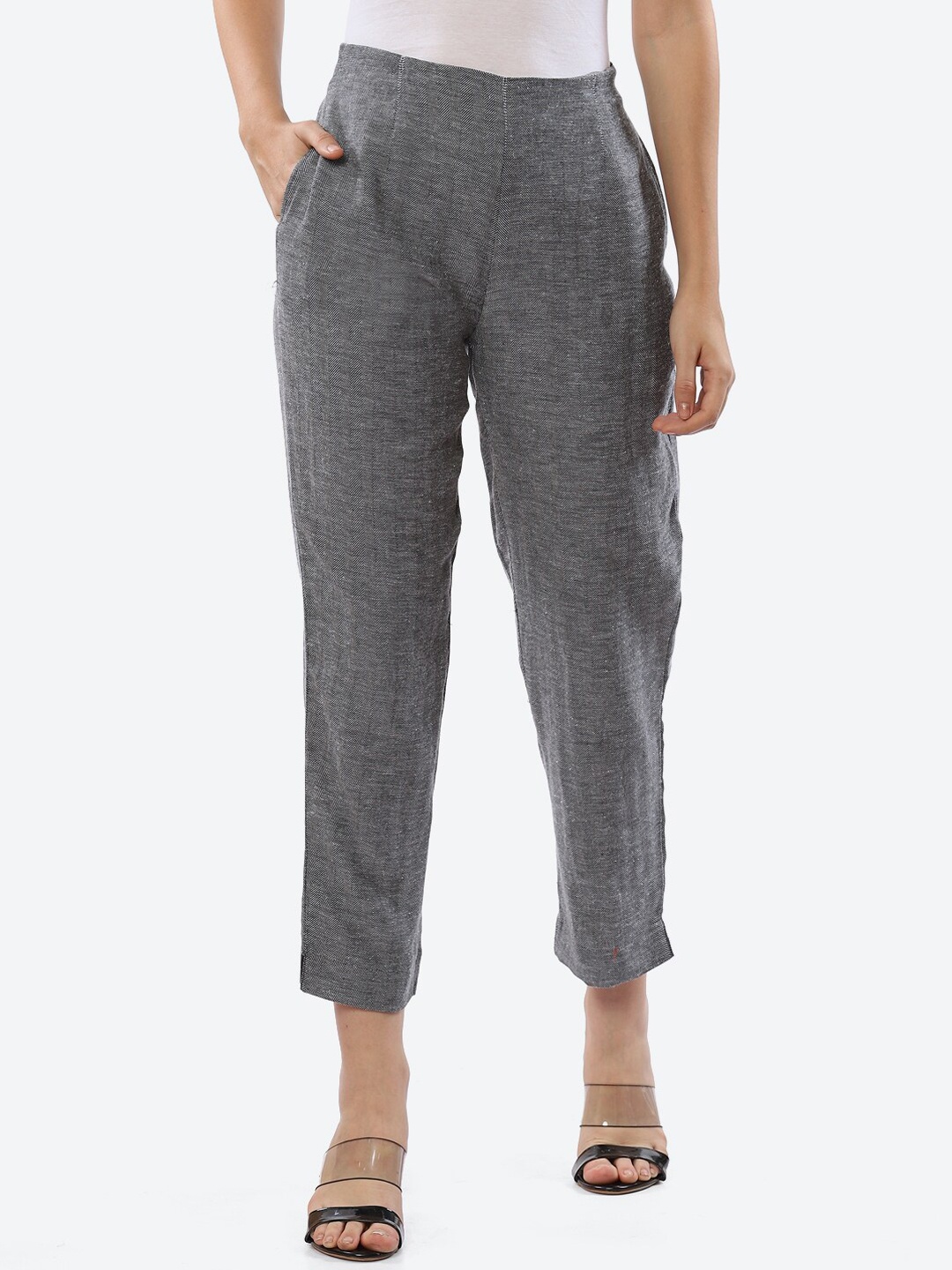 

Biba Women Black Textured Smart Slim Fit High-Rise Cotton Trousers