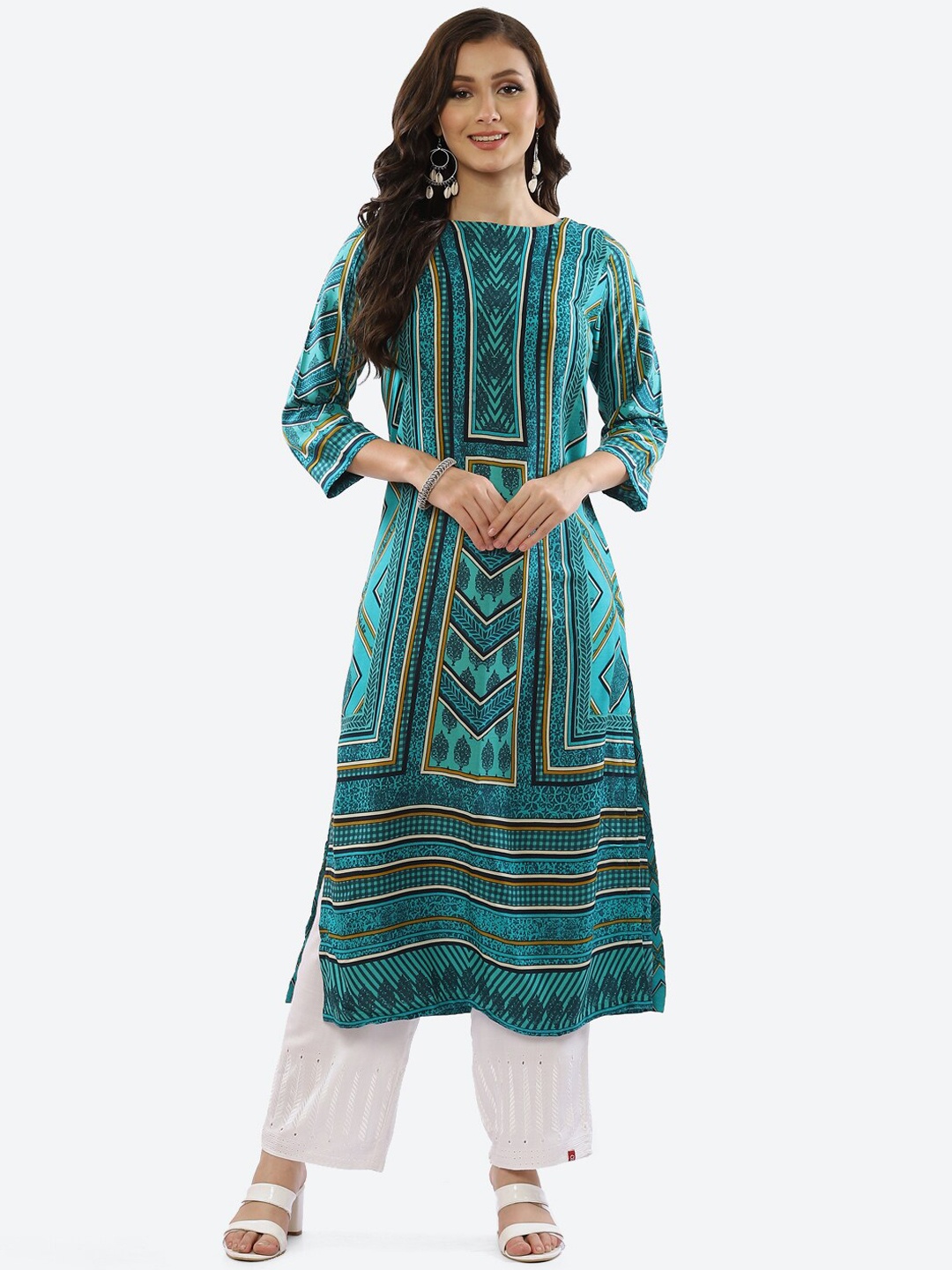 

Biba Women Turquoise Blue & Green Geometric Viscose Rayon Straight Kurta