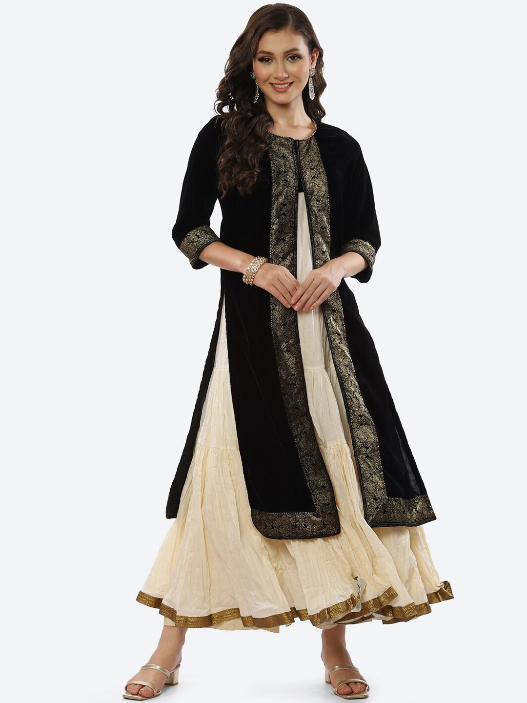 

Biba Women Black & Cream-Coloured Ethnic Motifs Printed Velvet Anarkali Kurta