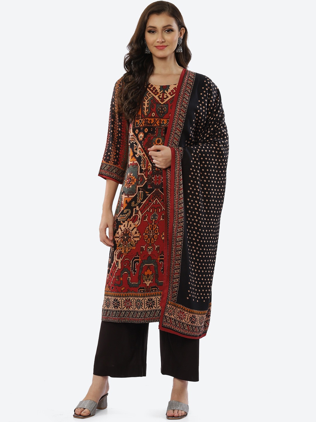 

Biba Women Red Printed Kurta with Palazzos & With Dupatta