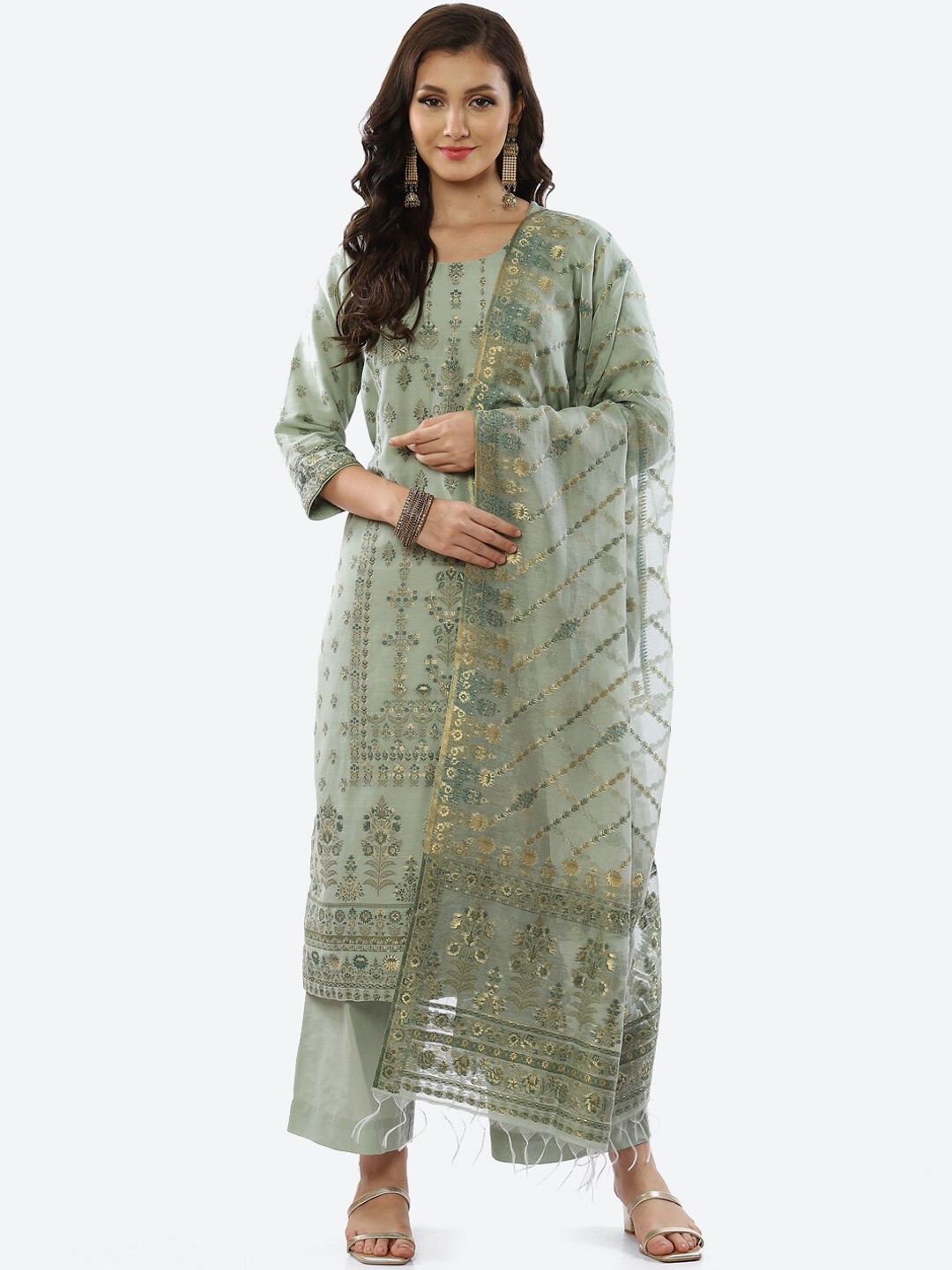 

Biba Women Green Ethnic Motifs Printed Kurta with Palazzos & With Dupatta