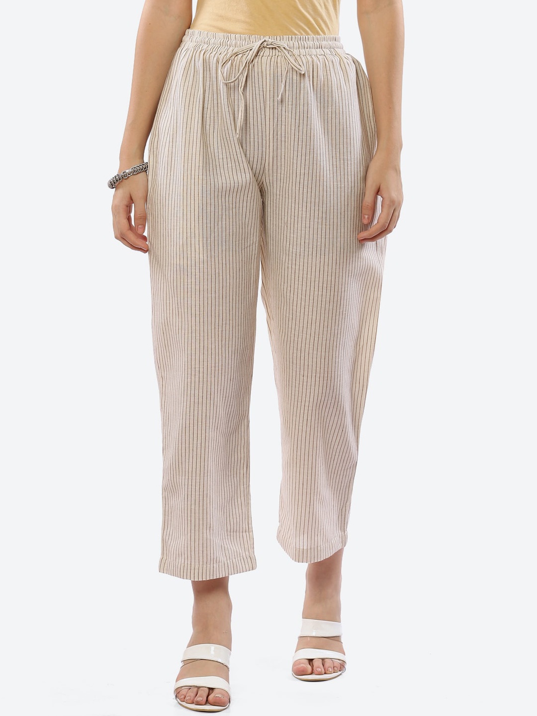 

Biba Women Brown Striped Smart Slim Fit High-Rise Cotton Trousers