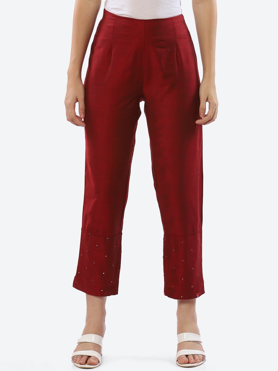 

Biba Women Maroon Embroidered Smart Slim Fit High-Rise Trousers