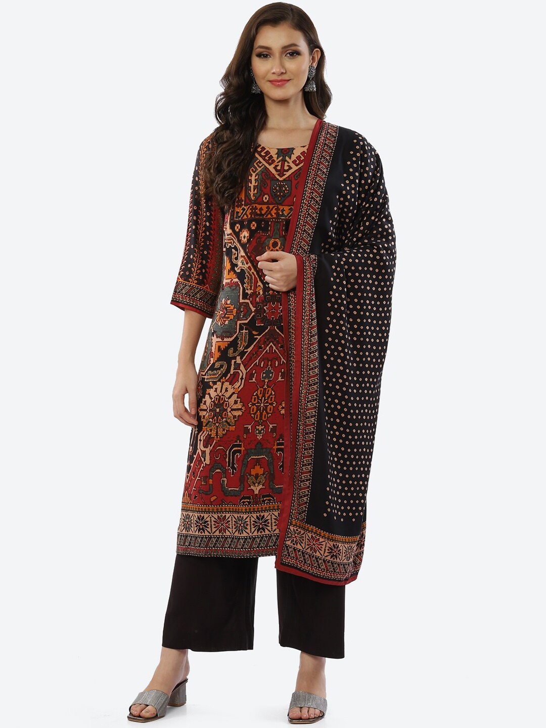 

Biba Women Red Printed Kurta with Palazzos & With Dupatta