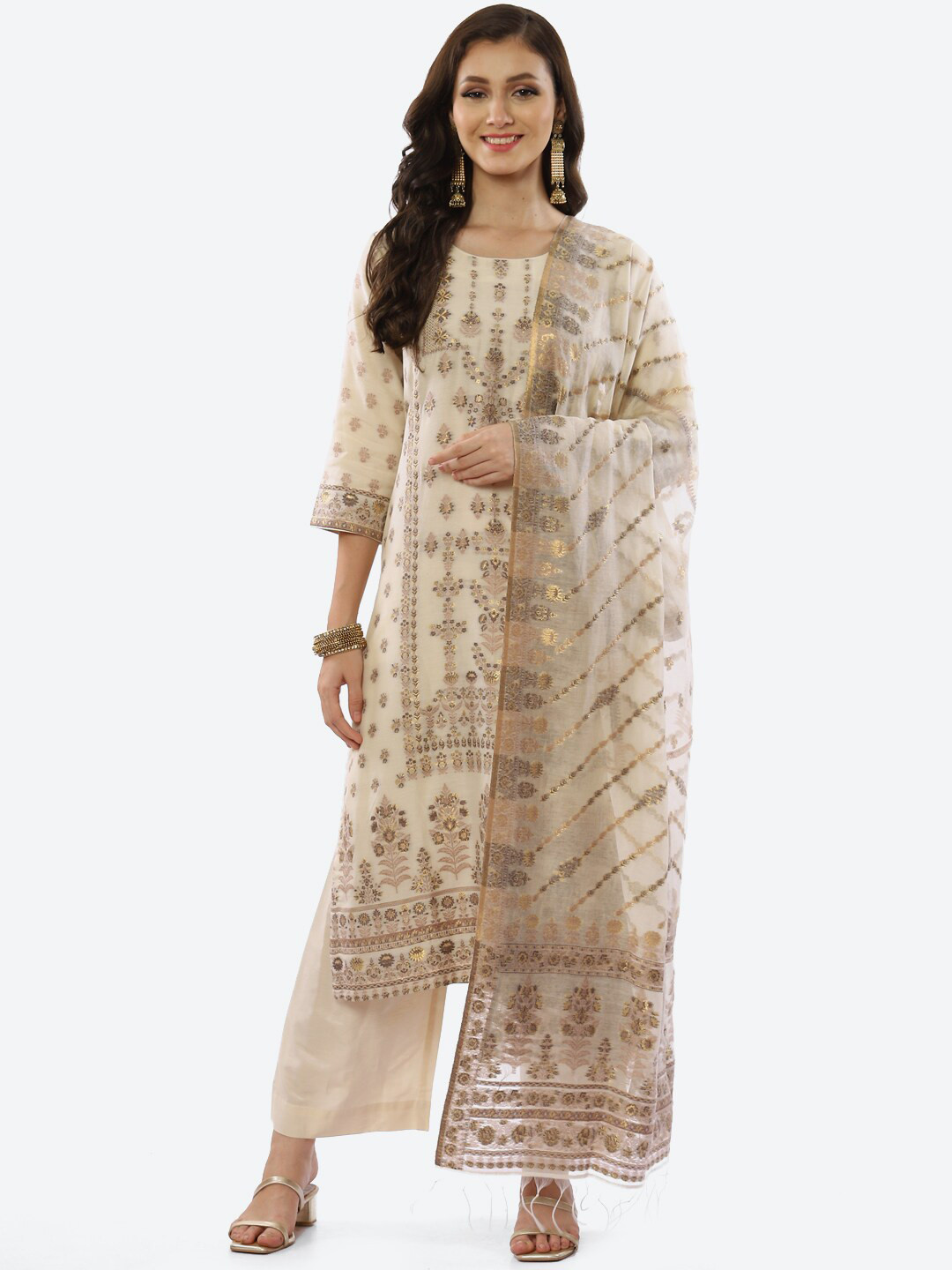 

Biba Women Beige Floral Printed Kurta with Palazzos & With Dupatta