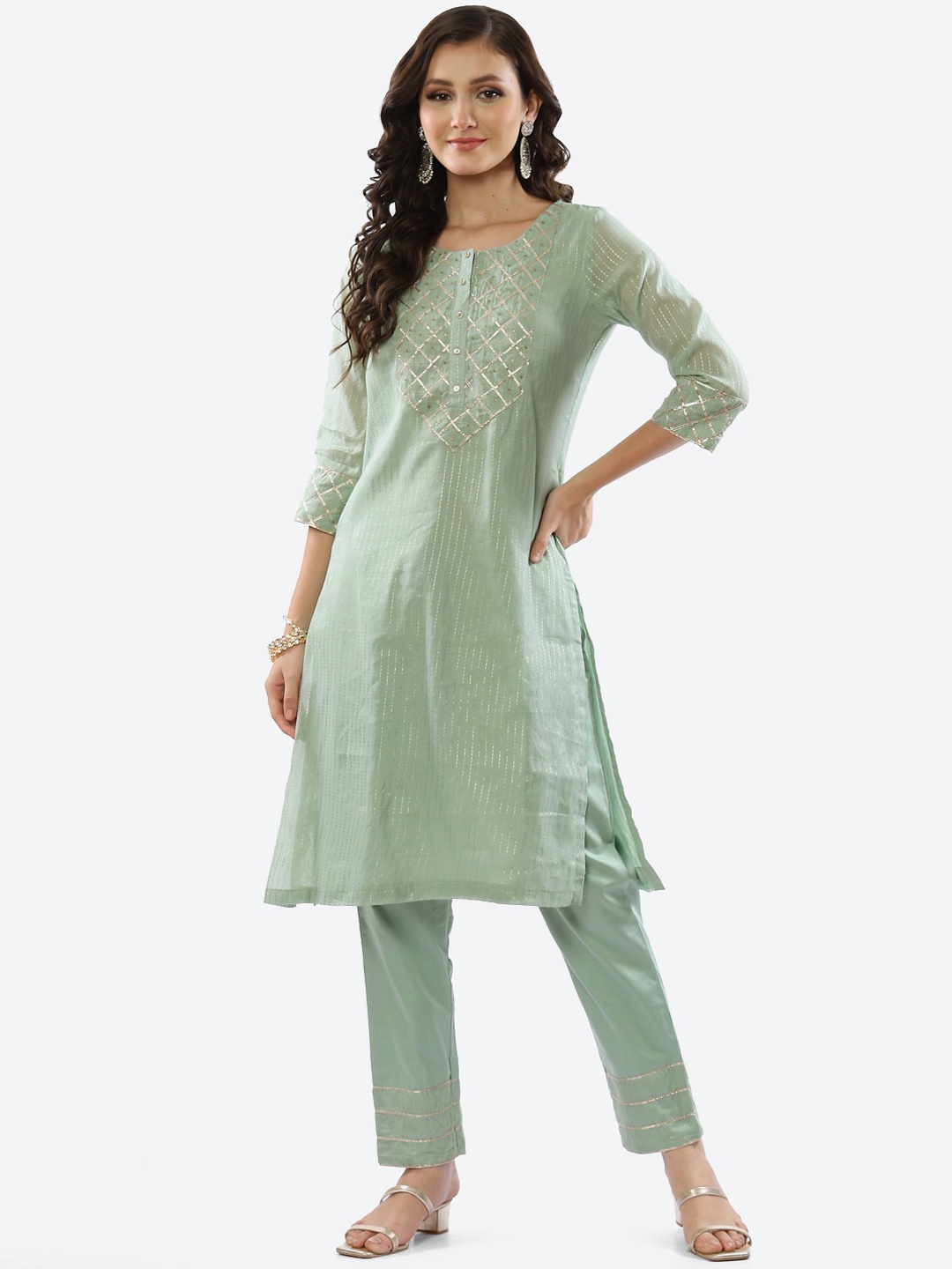 

Biba Women Green Printed Kurta with Trousers