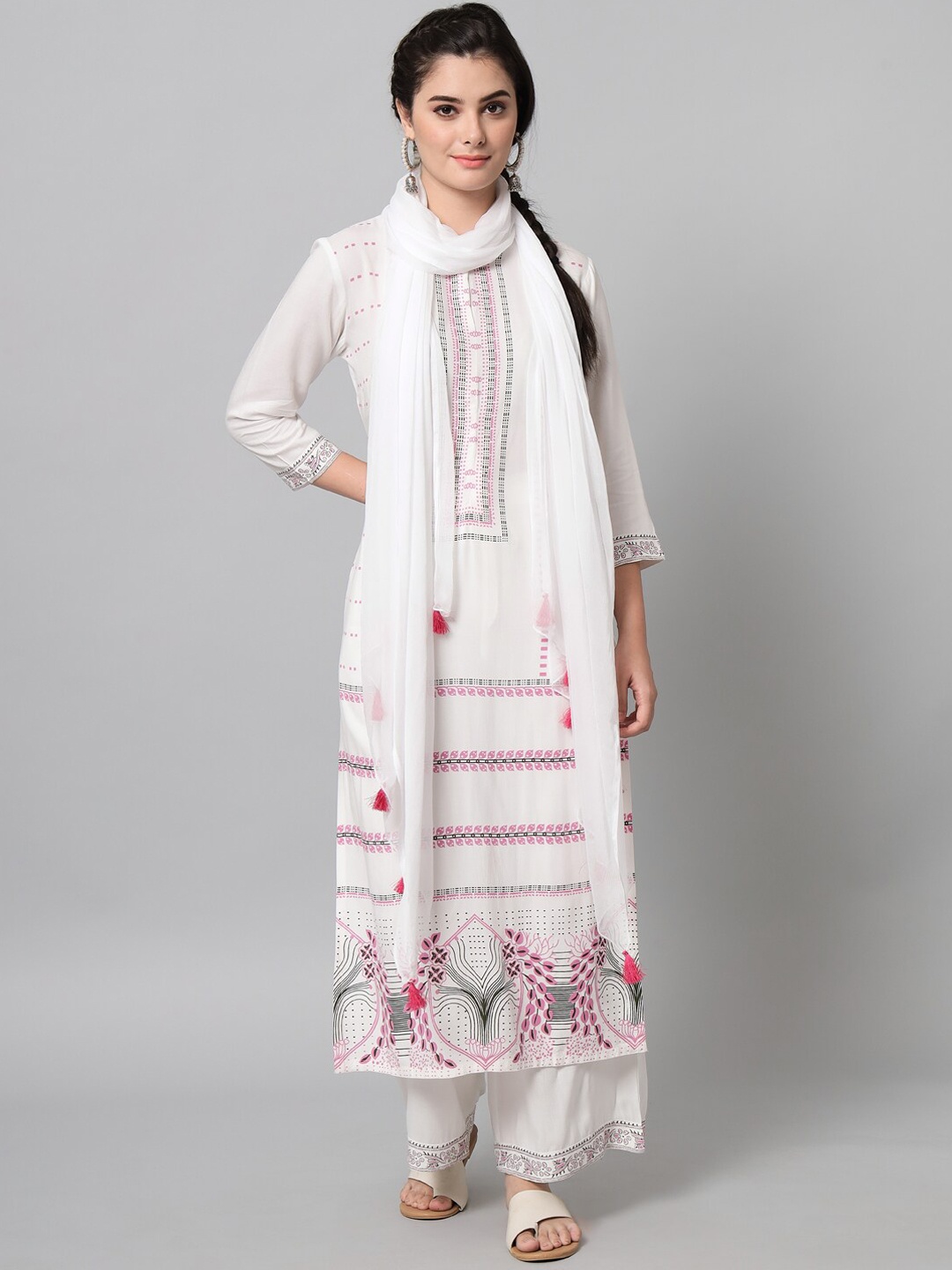 

Tulsattva Women Pink Printed Kurta with Palazzo & With Dupatta