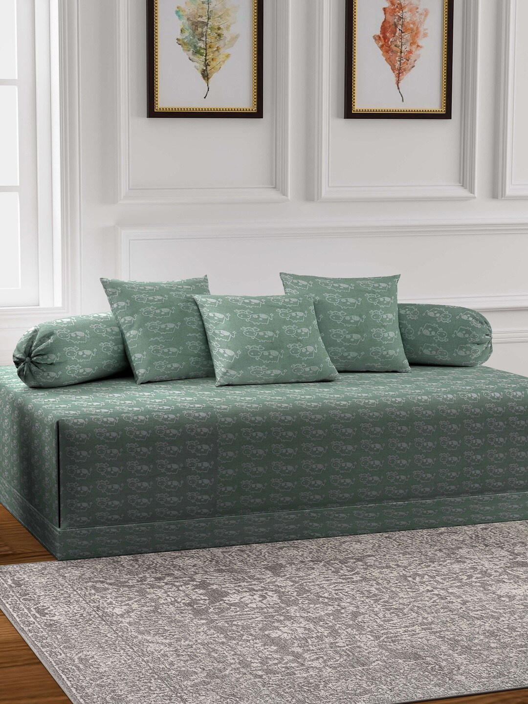 

KLOTTHE 6-Pieces Green & Grey Printed Pure Cotton Diwan Set