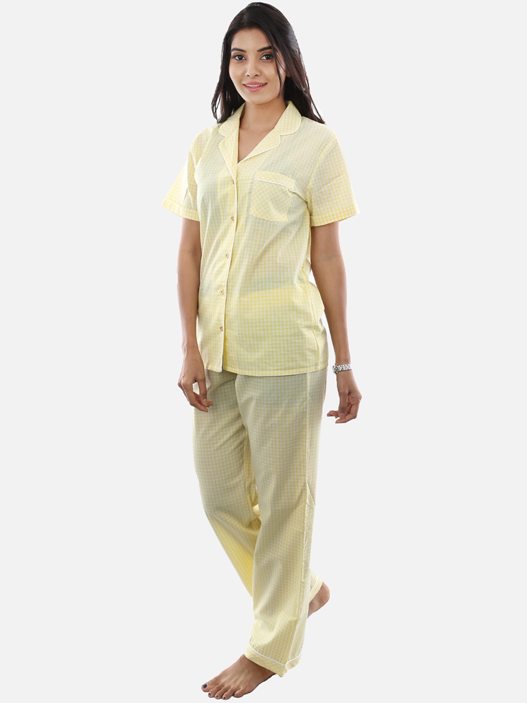 

BStories Women Yellow & White Checked Cotton Night suit