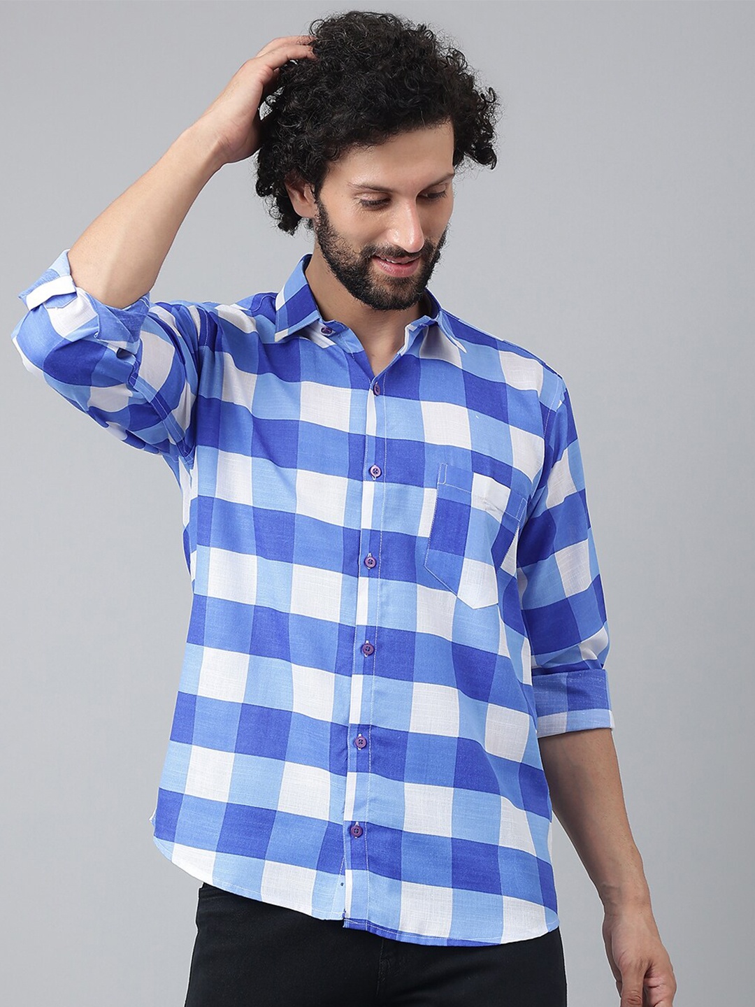 

Hangup Men Blue & White Gingham Checked Casual Shirt