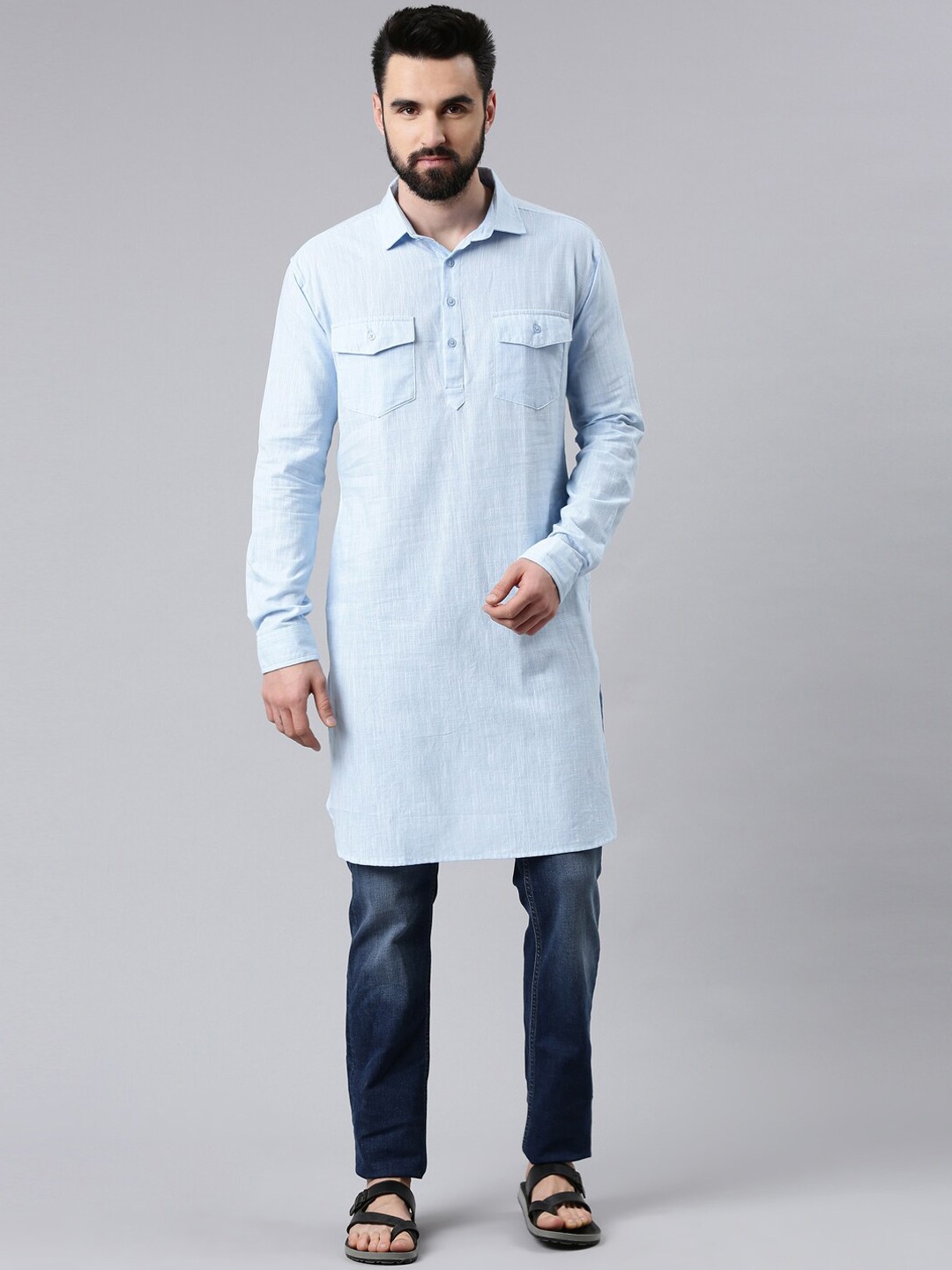 

WHITE HEART Men Blue Pathani Pure Cotton Kurta