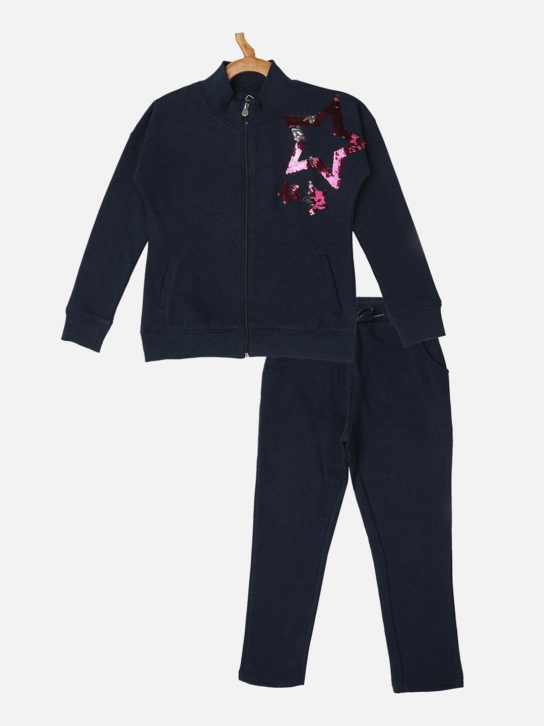 

Sweet Dreams Girls Navy Blue & Pink Printed Night suit