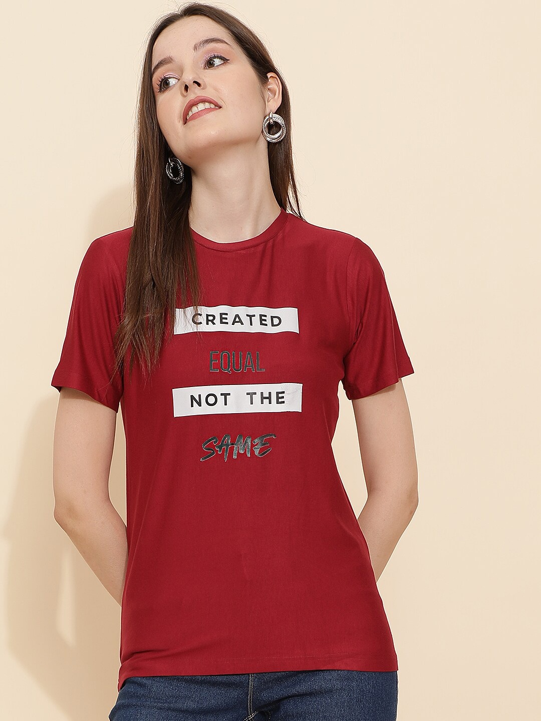 

J Turritopsis Women Maroon Typography Printed Round Neck T-shirt