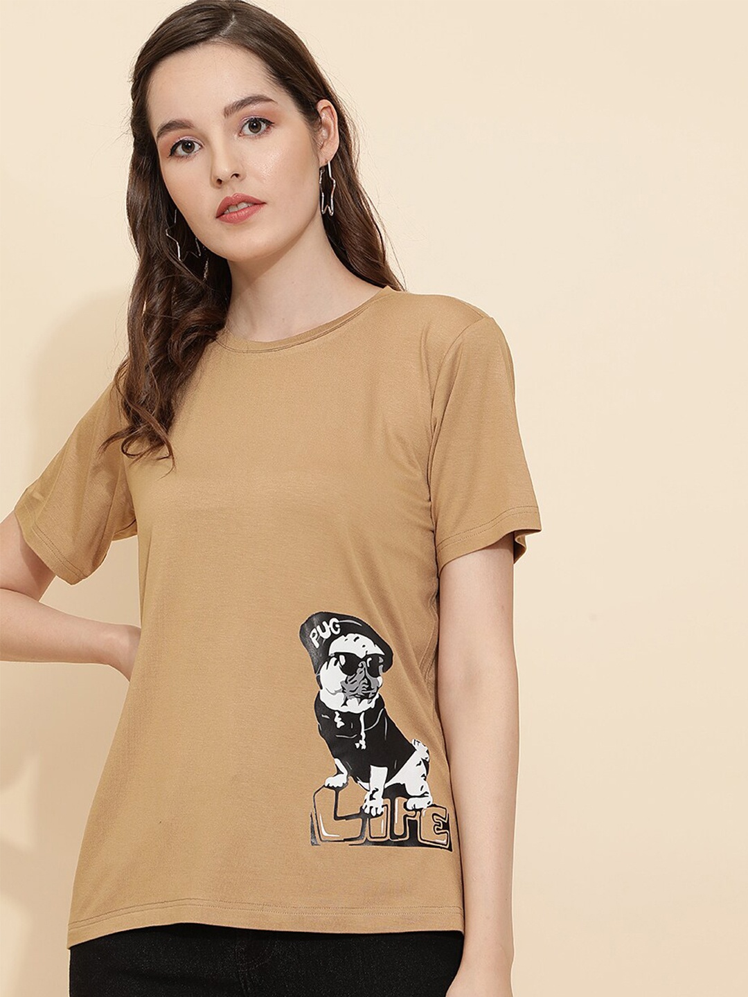 

J Turritopsis Women Beige Printed Regular Fit T-shirt