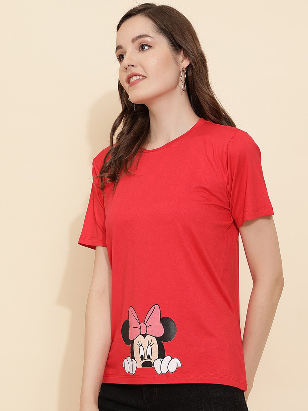 

J Turritopsis Women Red Mickey Mouse Printed Round Neck T-shirt