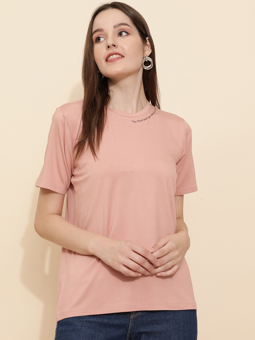

J Turritopsis Women Pink Typography Printed Round Neck T-shirt