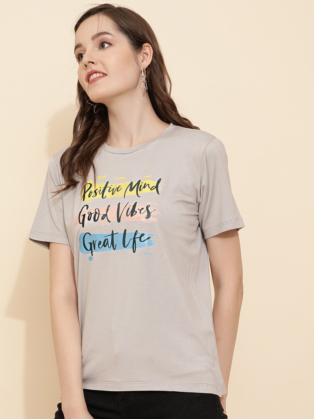 

J Turritopsis Women Grey Typography Printed T-shirt